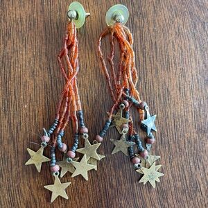 Beaded Orange Star Dangle Earrings Boho Celestial Earthy